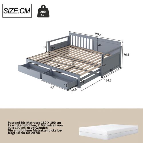 Lit Banquette Multifonction 90 (180) X 190 Cm En Pin Avec Tiroirs Et Lit Gigogne, Gris