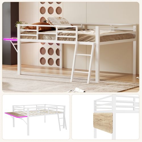 Lit Plat, 140 X 200 Cm, Métallique, Sans Matelas, Garde-corps,échelle,bureau, LED Télécommandé,blanc