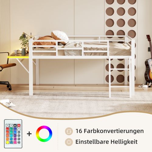 Lit Plat, 140 X 200 Cm, Métallique, Sans Matelas, Garde-corps,échelle,bureau, LED Télécommandé,blanc