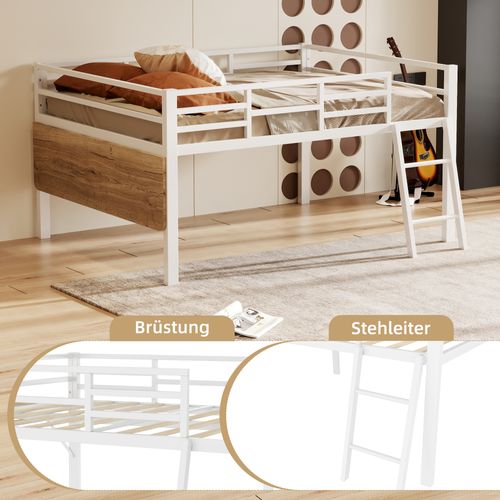 Lit Plat, 140 X 200 Cm, Métallique, Sans Matelas, Garde-corps,échelle,bureau, LED Télécommandé,blanc