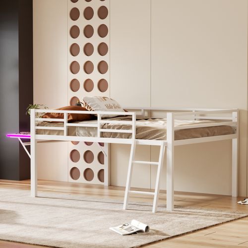 Lit Plat, 140 X 200 Cm, Métallique, Sans Matelas, Garde-corps,échelle,bureau, LED Télécommandé,blanc