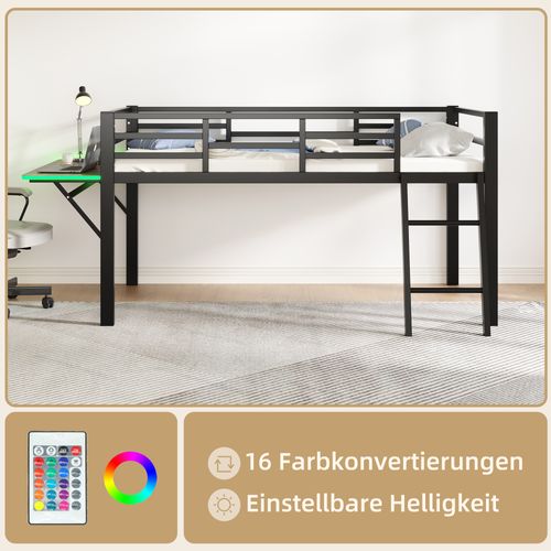 Lit Plat, 90 X 200 Cm, Métallique, Sans Matelas, Garde-corps, Échelle, Bureau,led Télécommandé, Noir