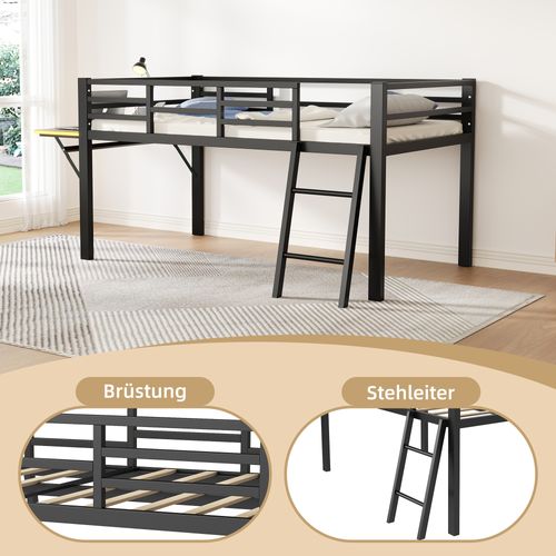 Lit Plat, 90 X 200 Cm, Métallique, Sans Matelas, Garde-corps, Échelle, Bureau,led Télécommandé, Noir