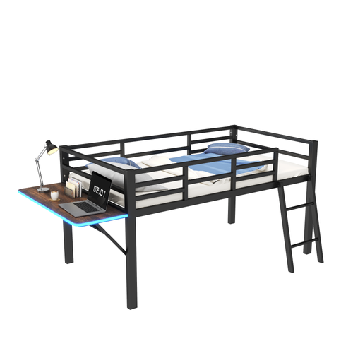 Lit Plat, 90 X 200 Cm, Métallique, Sans Matelas, Garde-corps, Échelle, Bureau,led Télécommandé, Noir