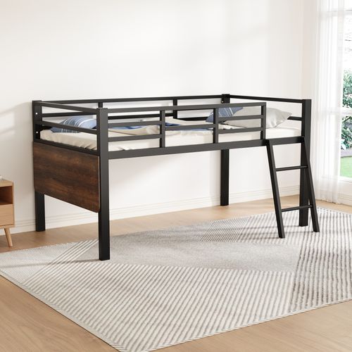 Lit Plat, 90 X 200 Cm, Métallique, Sans Matelas, Garde-corps, Échelle, Bureau,led Télécommandé, Noir