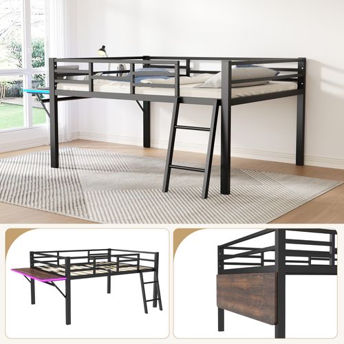 Lit Plat, 140 X 200 Cm, Métallique, Garde-corps,échelle, Bureau,led Télécommandé, Noir