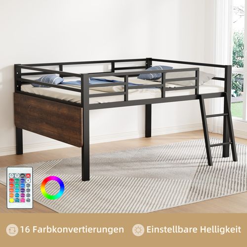 Lit Plat, 140 X 200 Cm, Métallique, Garde-corps,échelle, Bureau,led Télécommandé, Noir