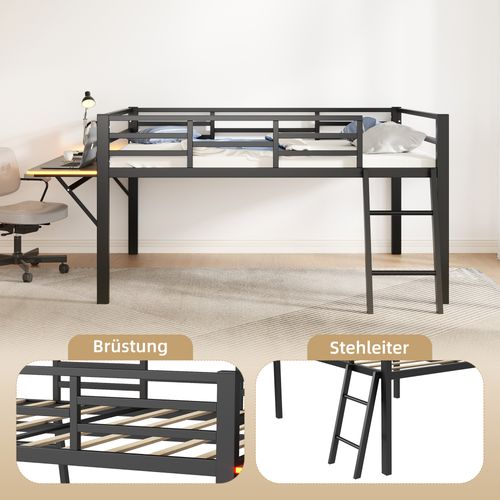 Lit Plat, 140 X 200 Cm, Métallique, Garde-corps,échelle, Bureau,led Télécommandé, Noir