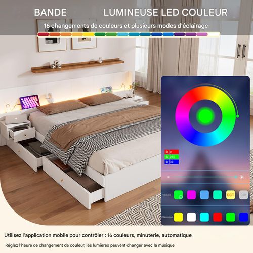 Lit Double 180x200 Cm Avec USB, Éclairage LED, Prises, 2 Tables De Nuit Avec Tiroirs, Blanc