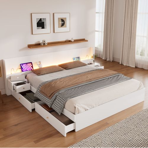 Lit Double 180x200 Cm Avec USB, Éclairage LED, Prises, 2 Tables De Nuit Avec Tiroirs, Blanc