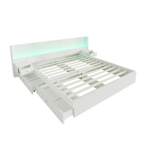Lit Double 180x200 Cm Avec USB, Éclairage LED, Prises, 2 Tables De Nuit Avec Tiroirs, Blanc