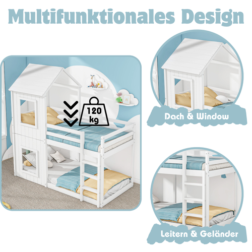 Lit Superposé Pour Enfants, Lit Maison, Échelle Et Baldaquin, Bois Massif, Blanc, 90x200cm