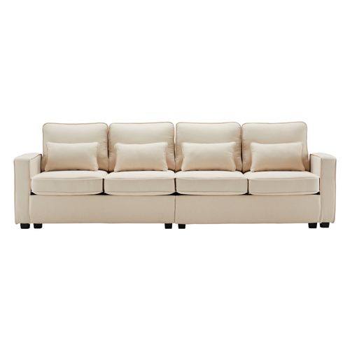Canapé Moderne 4 Places En Lin Avec Poches Sur Les Accoudoirs Et 4 Coussins, ,beige