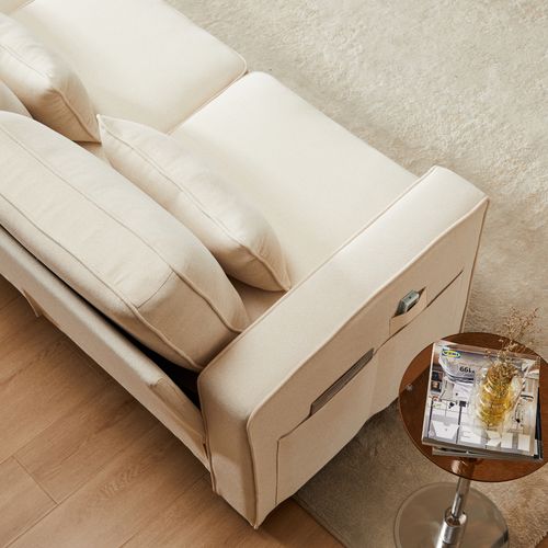 Canapé Moderne 4 Places En Lin Avec Poches Sur Les Accoudoirs Et 4 Coussins, ,beige