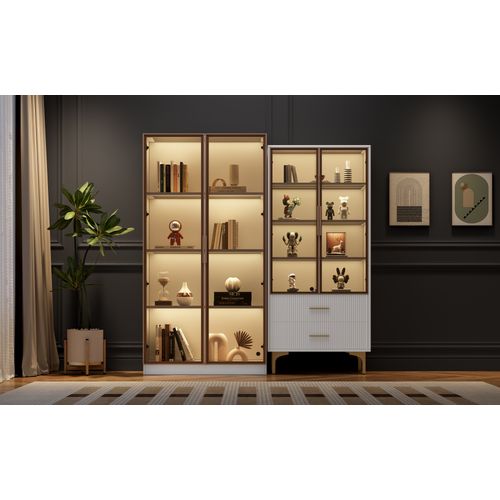 Ensemble Salon Moderne Avec 2 Vitrines Blanches LED, Étagères Ajustables, Finition Platine