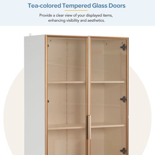 Ensemble Salon Moderne Avec 2 Vitrines Blanches LED, Étagères Ajustables, Finition Platine