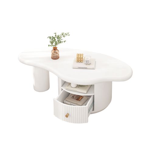 Table Basse Irrégulière En Forme De Nuage, 110x60x37.5 Cm, Mdf, 1 Tiroir, 2 Tabourets, Blanc