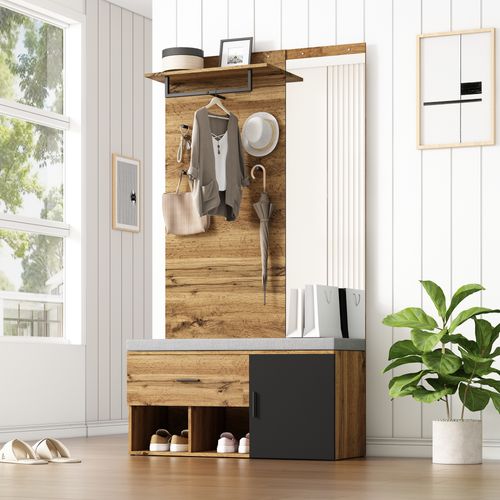 Set De Vestiaire 190 Cm, Bois, Avec Miroir, Banc, Étagère, Tiroir Et Crochets