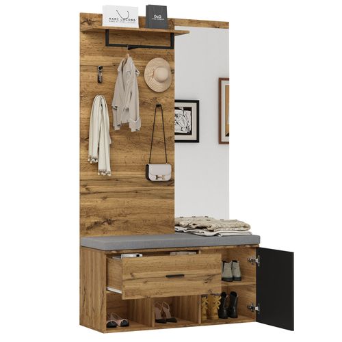Set De Vestiaire 190 Cm, Bois, Avec Miroir, Banc, Étagère, Tiroir Et Crochets