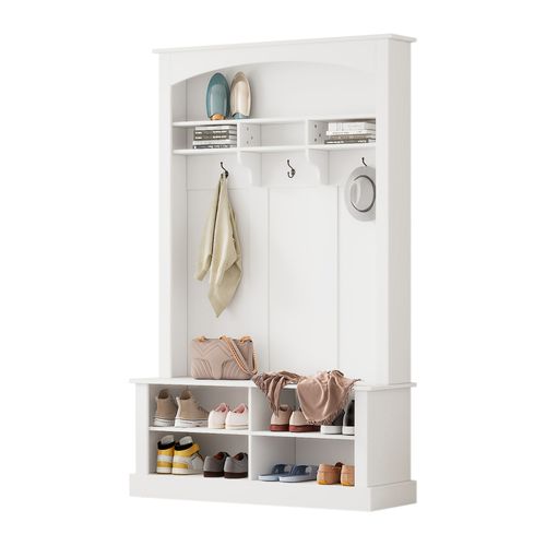 Set De Vestiaire Avec Banc Et Étagère, 3 Crochets Suspendus, Rangement Ouvert, Blanc