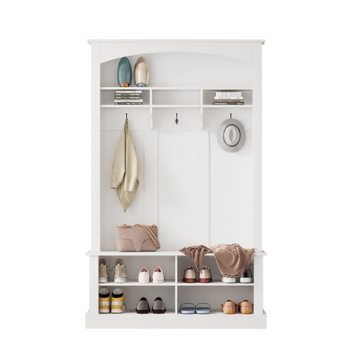 Set De Vestiaire Avec Banc Et Étagère, 3 Crochets Suspendus, Rangement Ouvert, Blanc