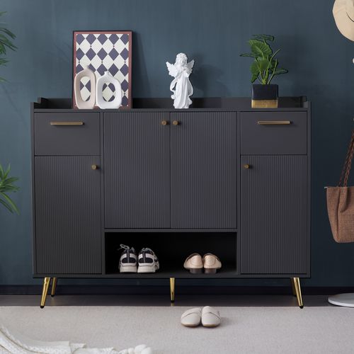 Armoire à Chaussures Avec 2 Tiroirs Et 4 Portes, Pieds En Métal, Noir, 130 X 37 X 100 Cm