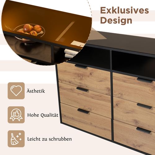 Commode Sideboard En Verre Ambre 120x40x80 Cm, 6 Tiroirs, 2 Compartiments, Pieds En Chêne