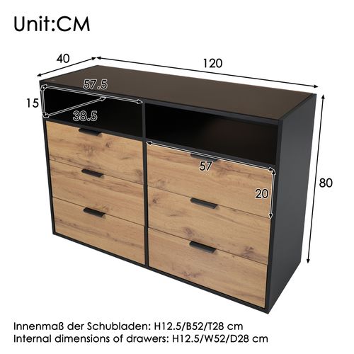 Commode Sideboard En Verre Ambre 120x40x80 Cm, 6 Tiroirs, 2 Compartiments, Pieds En Chêne