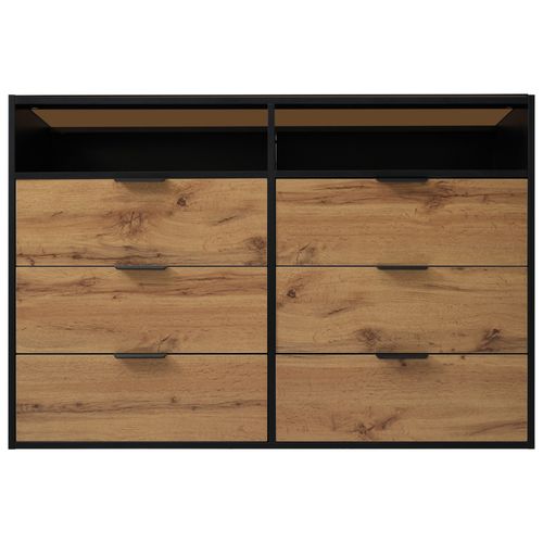 Commode Sideboard En Verre Ambre 120x40x80 Cm, 6 Tiroirs, 2 Compartiments, Pieds En Chêne