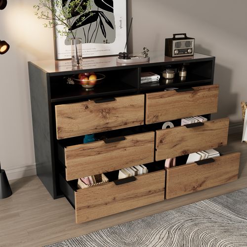 Commode Sideboard En Verre Ambre 120x40x80 Cm, 6 Tiroirs, 2 Compartiments, Pieds En Chêne