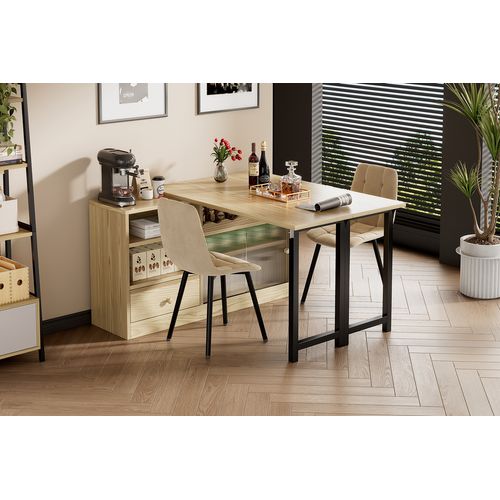 Table Pliable Extensible Avec Rangement, Table Moderne Pivotante à 360°, Naturelle Et Noire