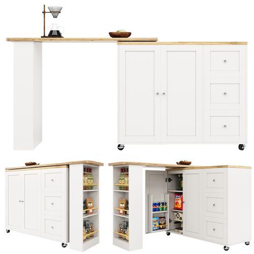 Table Debout Rotative 360° 138-209x39x106 Cm, 3 Tiroirs, Porte-snacks, Îlot Multifonction, Blanc