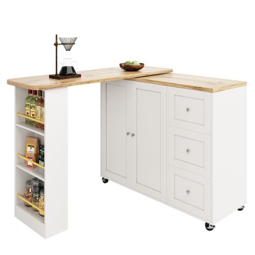 Table Debout Rotative 360° 138-209x39x106 Cm, 3 Tiroirs, Porte-snacks, Îlot Multifonction, Blanc