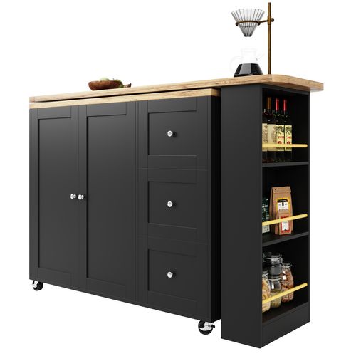 Table Debout Rotative 360° 138-209x39x104 Cm, 3 Tiroirs, Porte-snacks, Îlot Multifonction, Noir