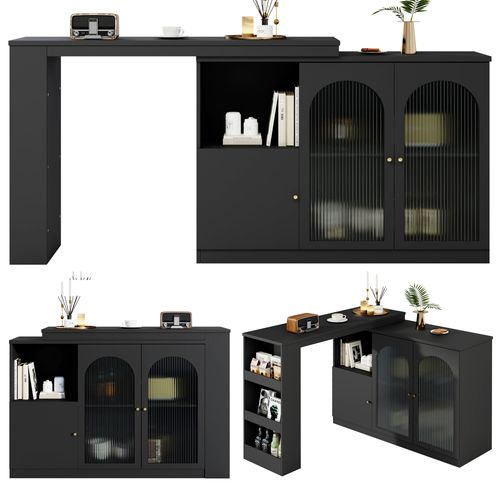 Table De Bar Rotative 360° 120x40x97 Cm, Meuble Noir Avec Porte Vitrée, Rangement, Noir