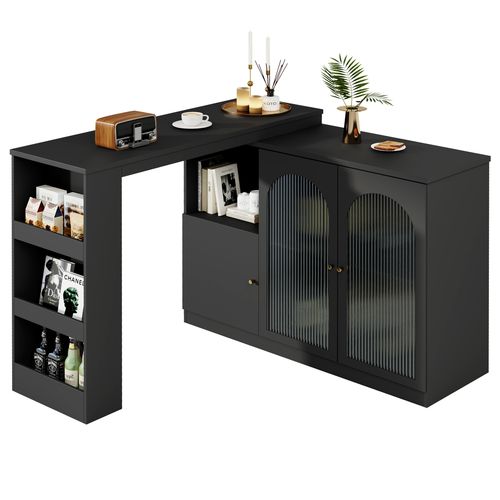 Table De Bar Rotative 360° 120x40x97 Cm, Meuble Noir Avec Porte Vitrée, Rangement, Noir