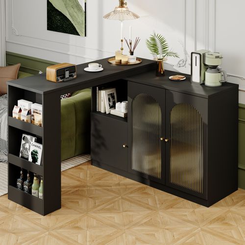 Table De Bar Rotative 360° 120x40x97 Cm, Meuble Noir Avec Porte Vitrée, Rangement, Noir