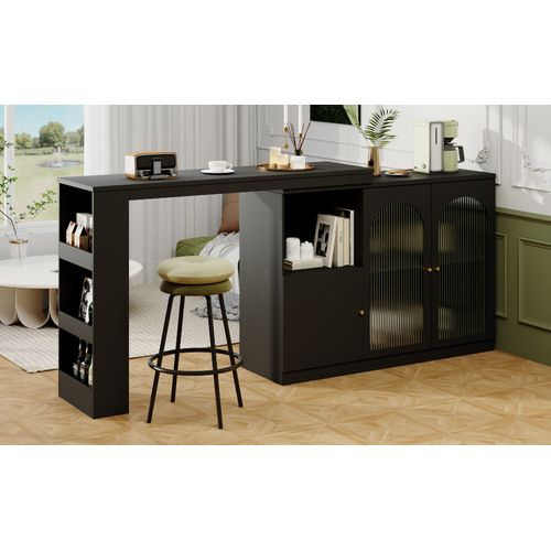 Table De Bar Rotative 360° 120x40x97 Cm, Meuble Noir Avec Porte Vitrée, Rangement, Noir