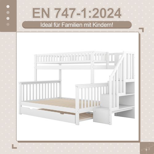 Lit Superposé 90x200cm Et 140x200cm, Cadre En Pin, Avec Roulettes Et Escalier, Blanc, Sans Matelas