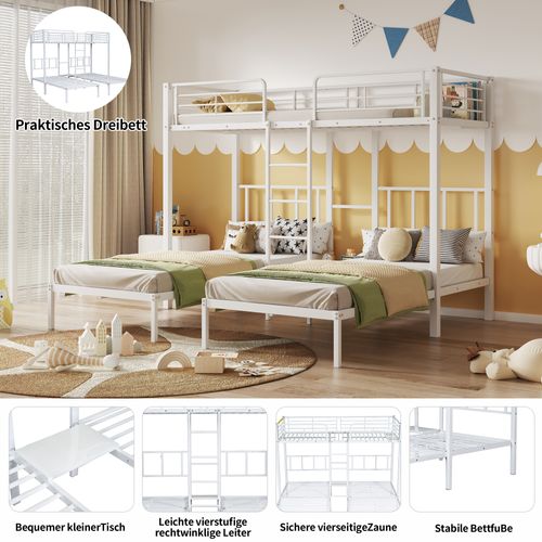 Lit Superposé, 90 X 200 Cm, 3 Lits, Échelle, Sécurité, Table, Métal, Blanc