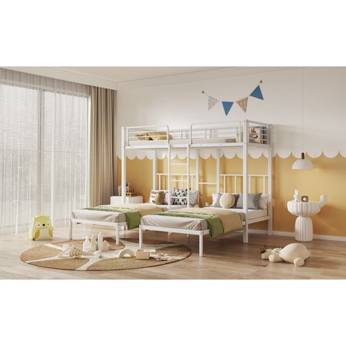 Lit Superposé, 90 X 200 Cm, 3 Lits, Échelle, Sécurité, Table, Métal, Blanc