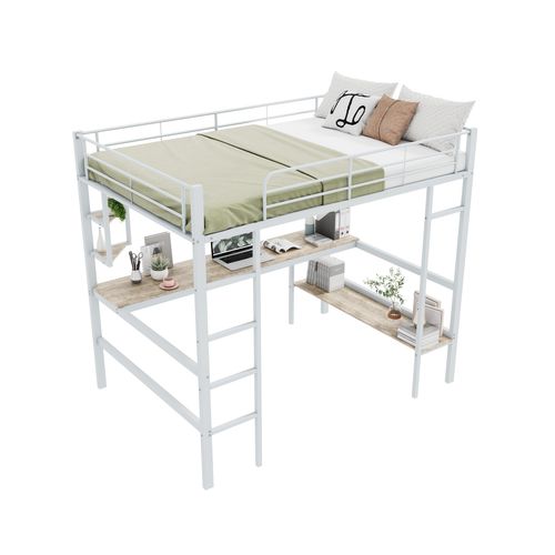 Lit Mezzanine 140x200cm, Cadre En Métal, Avec Bureau, Étagères Petites Et Grande Bibliothèque, Blanc