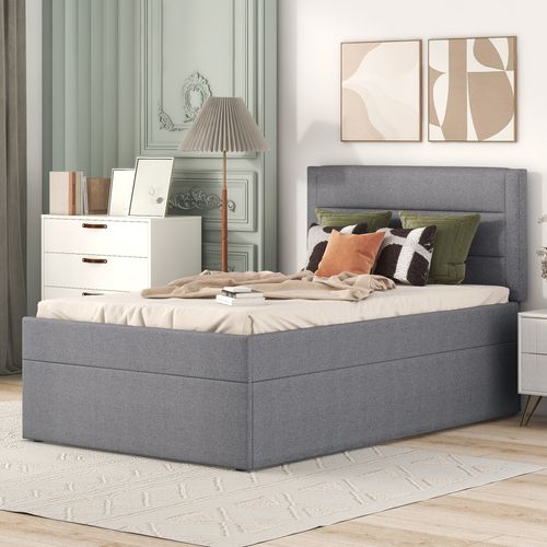 Lit Rembourré 90x200 Cm, Cadre Métallique, Grand Rangement, Sans Matelas, Gris