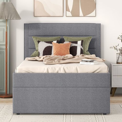 Lit Rembourré 90x200 Cm, Cadre Métallique, Grand Rangement, Sans Matelas, Gris