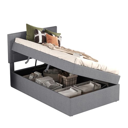 Lit Rembourré 90x200 Cm, Cadre Métallique, Grand Rangement, Sans Matelas, Gris