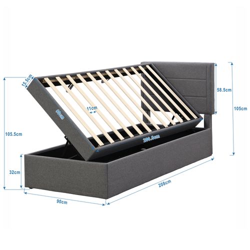 Lit Rembourré 90x200 Cm, Cadre Métallique, Grand Rangement, Sans Matelas, Gris