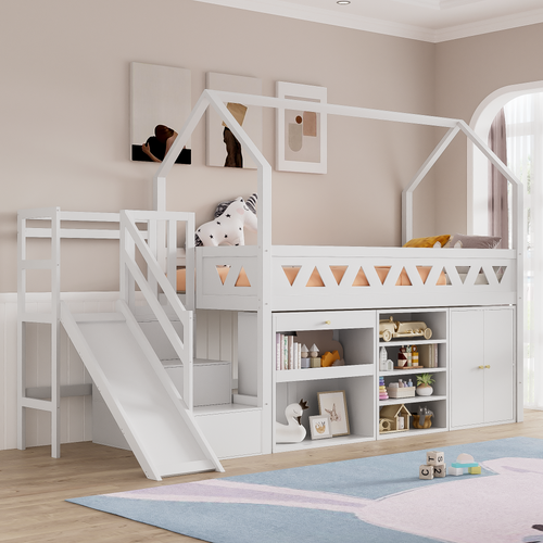 Lit Multifonctionnel 90 X 200 Cm En Bois Massif Avec Toboggan, Escaliers, Tiroirs, Blanc