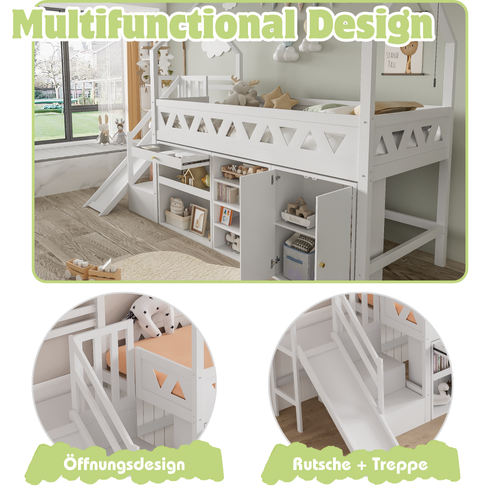 Lit Multifonctionnel 90 X 200 Cm En Bois Massif Avec Toboggan, Escaliers, Tiroirs, Blanc