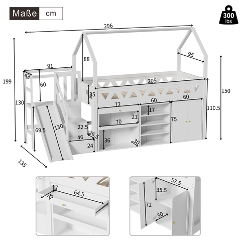 Lit Multifonctionnel 90 X 200 Cm En Bois Massif Avec Toboggan, Escaliers, Tiroirs, Blanc
