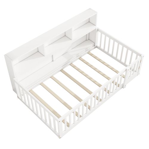 Lit Banquette 90 X 200 Cm En Pin Avec Sommier, Rangement Latéral Et Brise-vue, Blanc